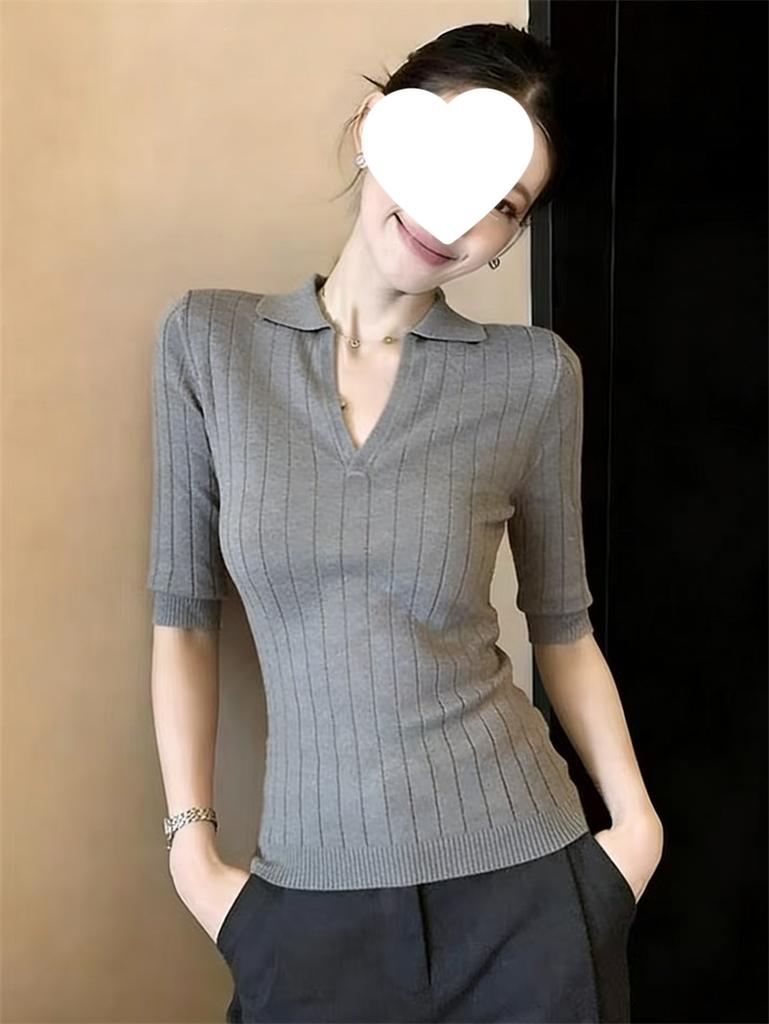 1116 Summer New Temperament Polo Collar Slim-fit Medium-sleeved Knitted Sweater Women's T-shirt Unique Design Pure Desire Top