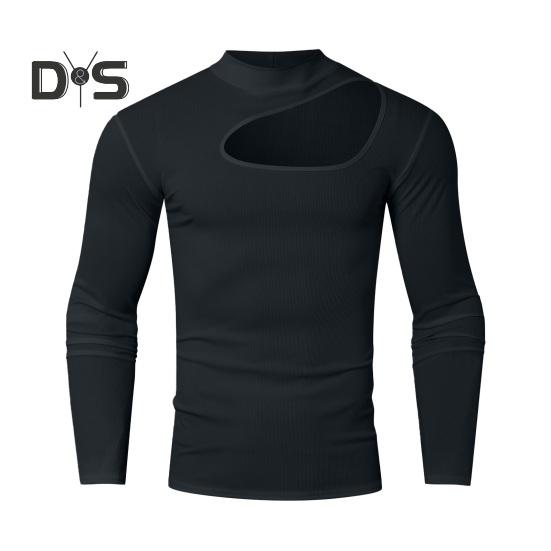 

Мужской топ с высоким воротником, рваный дизайн, однотонный, вырез, облегающий, для фитнеса, спортивная футболка, эластичная, уличная, спортивная одежда S чёрный