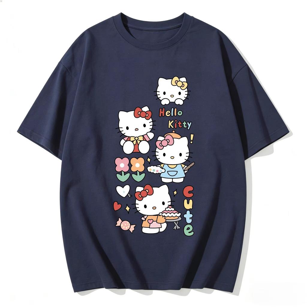 2026 New Summer HelloKitty Cute Graphic Tee Casual Short Sleeve Cotton Top for Women Girls Kawaii Cartoon Print Streetwear