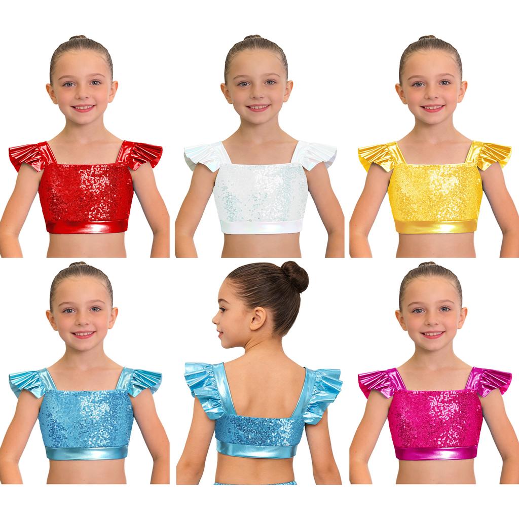 Kids Girls Jazz Dance Performance Tops Square Collar Ruffled Sleeves Sparkling Sequin Metallic Crop Top