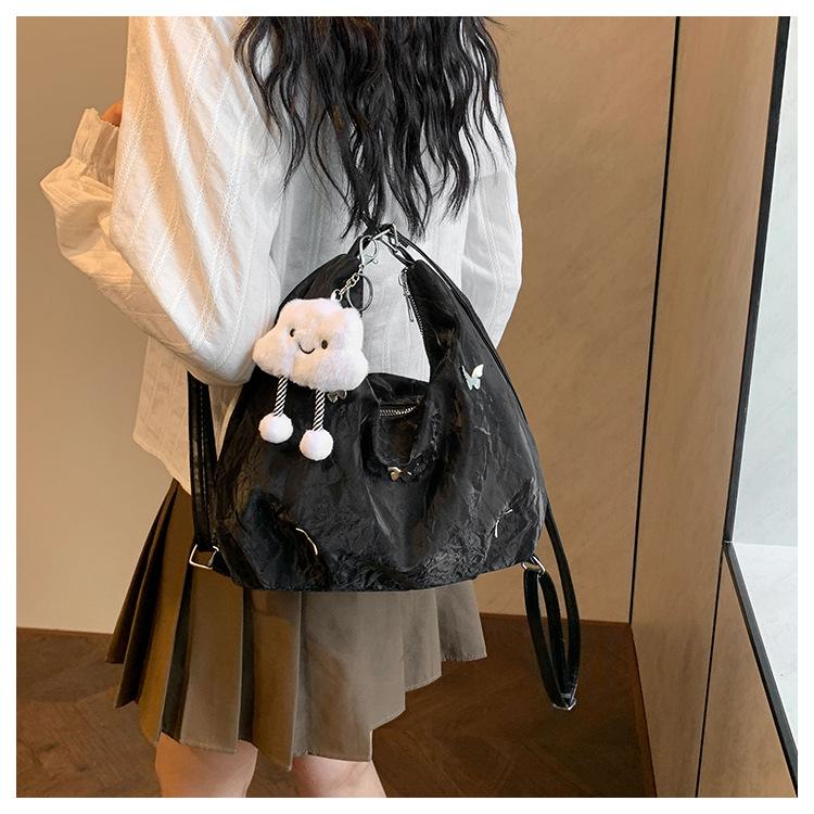 Women's Faux Leather Large Capacity Shoulder Bag, Soft Single Strap Crossbody Purse, Butterfly Decorated Commuter Tote with Zipper Closure