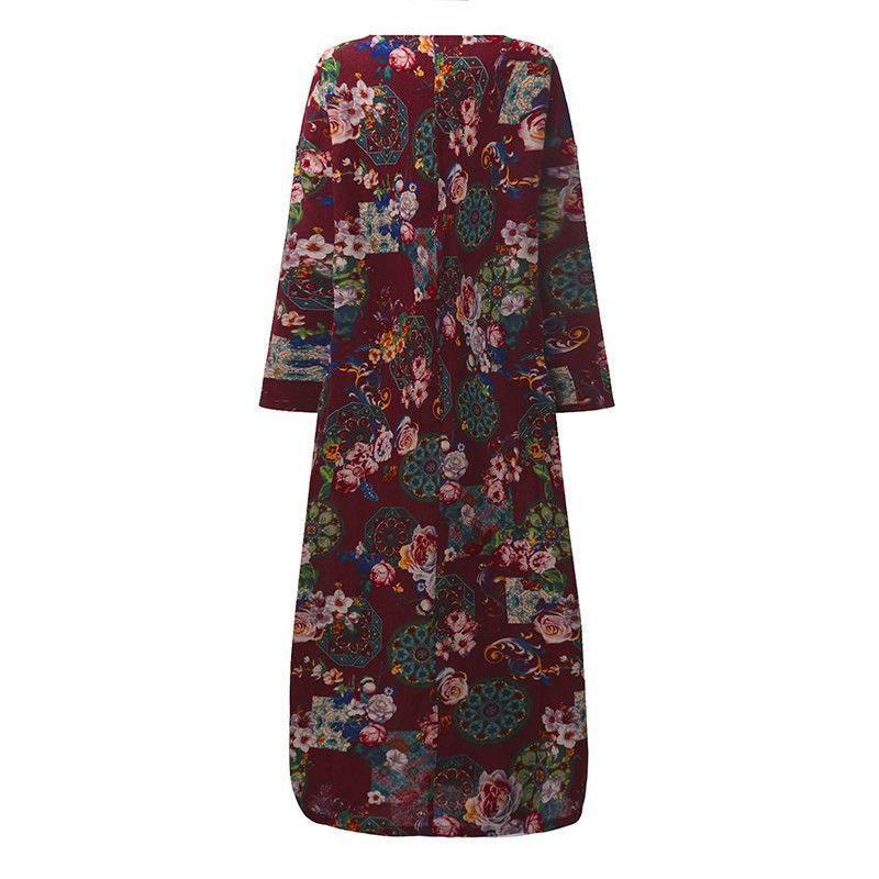 Women Vintage Casual Floral Printed Loose Dress Kaftan Long Maxi Shirt With Timeless Design