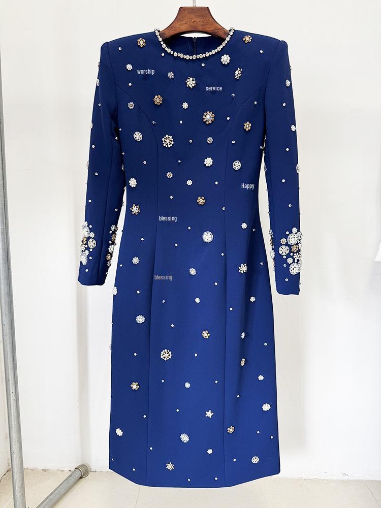 2026 European & American Celebrity Long-Sleeve Evening Gown with Heavy Beading & Rhinestones