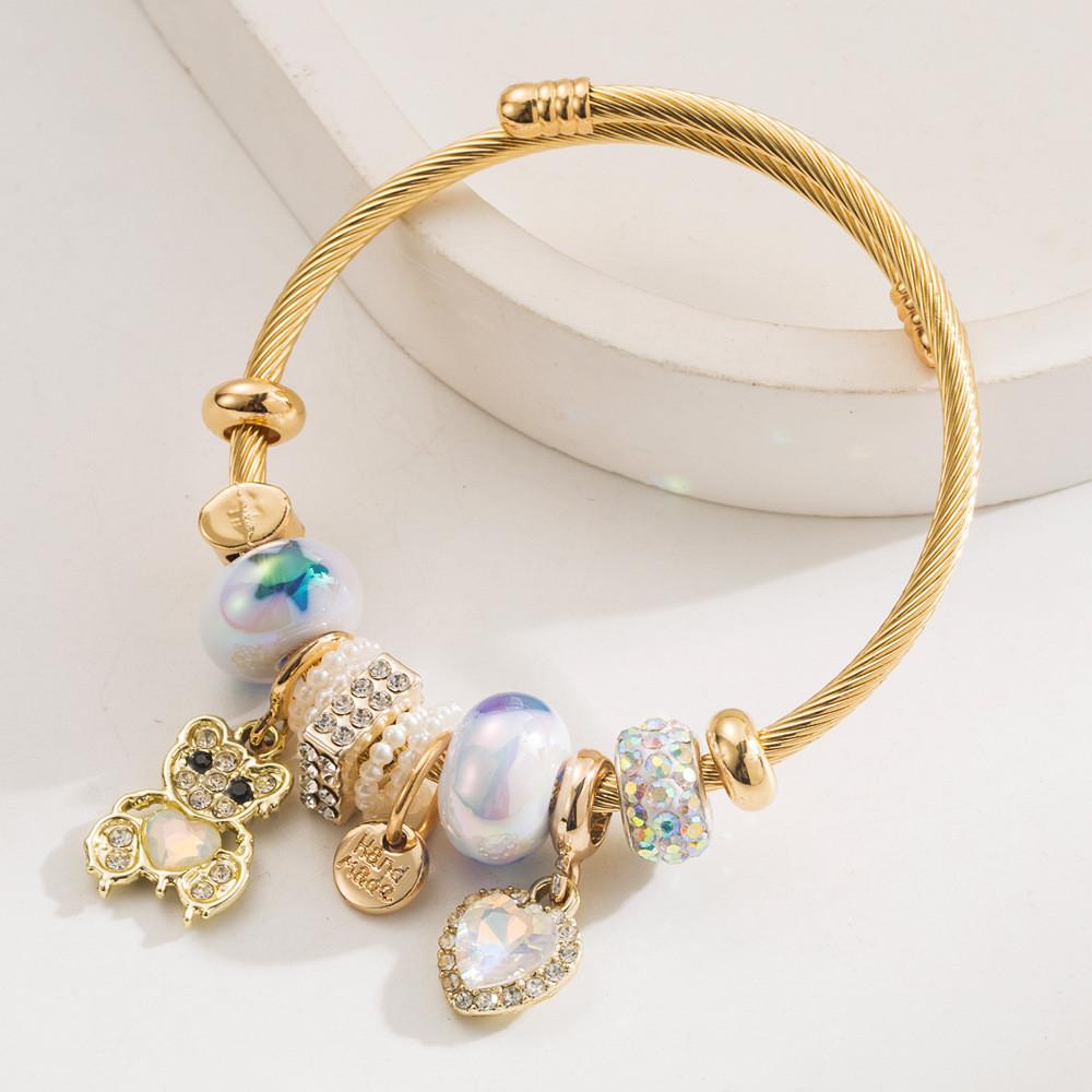 Stainless Steel Bracelet With Water Diamond Heart Bear Pendant For Women Girls Gift