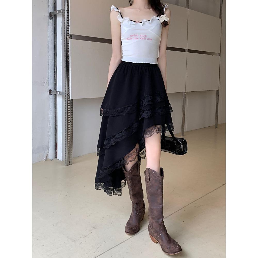Chic Asymmetrical Long Skirt Women Spliced Lace High Waisted Folds A Line Skirts New Fashion Streetwear Women's Black Skirt