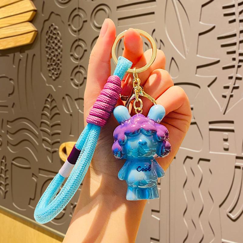 Adorable Cartoon Bunny Keychain With Bobble Head Resin Material Cute Key Accessory