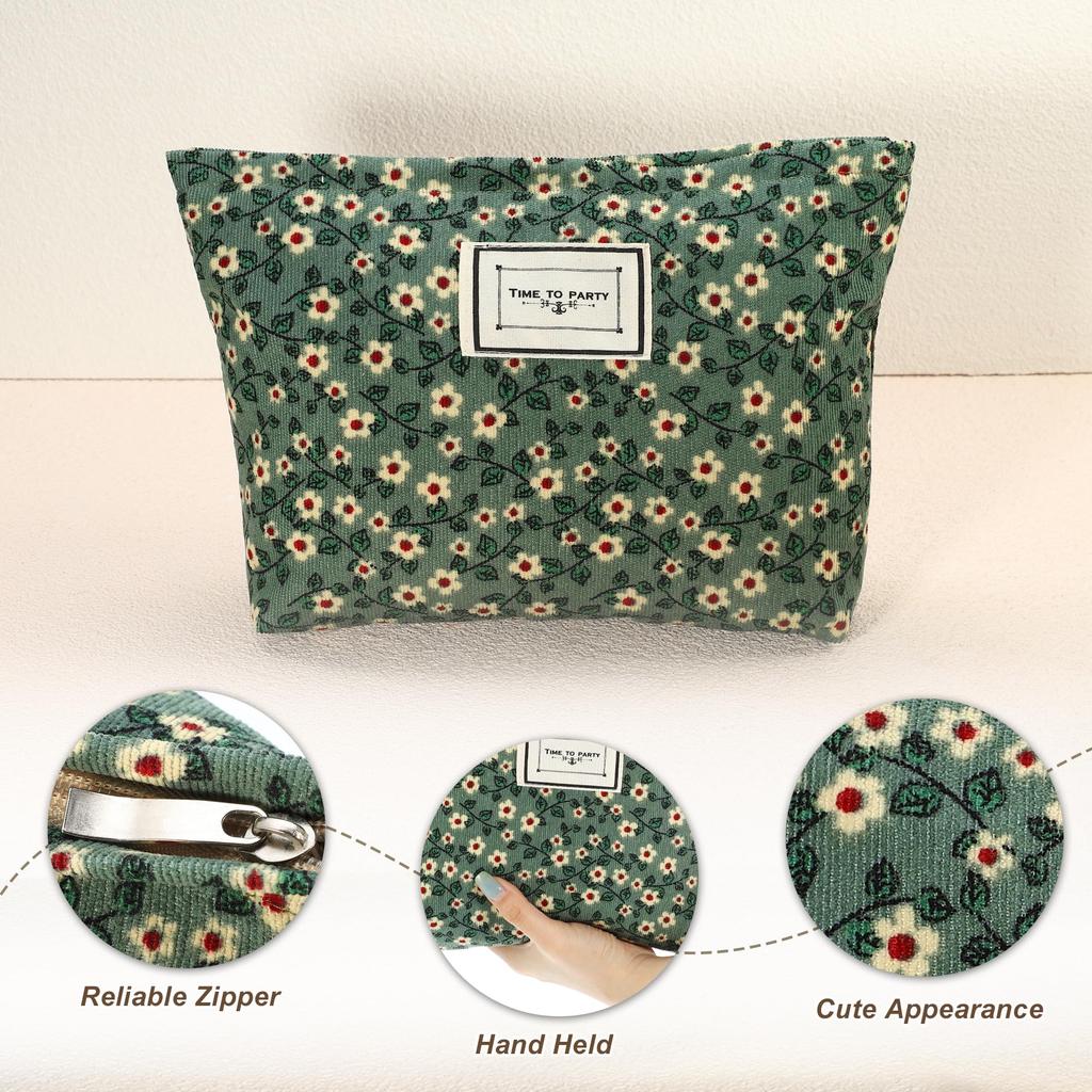VOCOSTE Floral Print Makeup Large Capacity Makeup Pouch for Coin and Green Bag, Women, Purse, Foundation, Lipstick, Brushes,