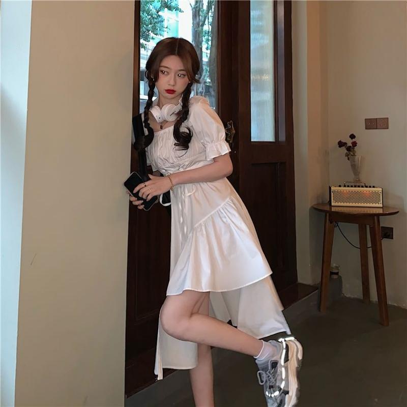 Irregular Hem Solid Color Dresses Female Summer Design Sense Bubble Sleeve Dress
