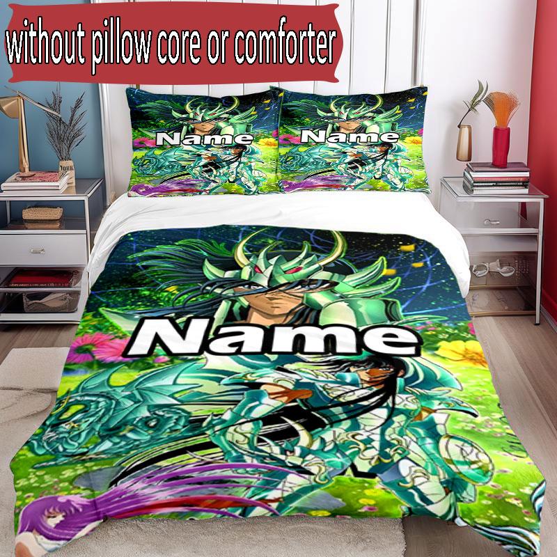 3pcs Duvet Cover Set (1*Duvet Cover + 2*Pillowcase, Without Core), Custom Name Saint Seiya Pattern Bedding Set, Home Bedroom Decor Gift