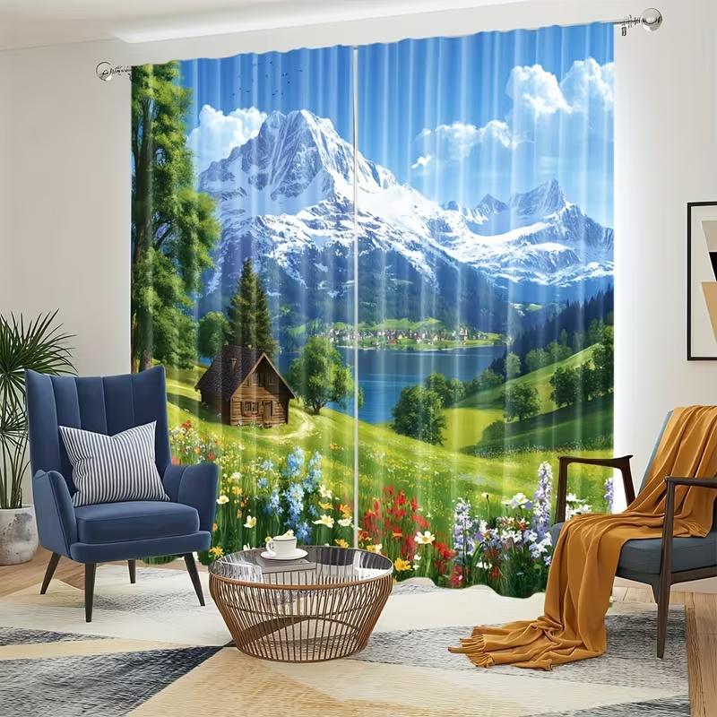 2pcs -Swiss snow-capped mountains print curtains, pole bag curtains, home decoration, room decoration