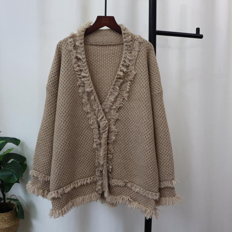 

Утолщенный вязаный кардиган с бахромой, новый осенне-зимний, свободного ленивого стиля, свитер-куртка женский one size fits all хаки