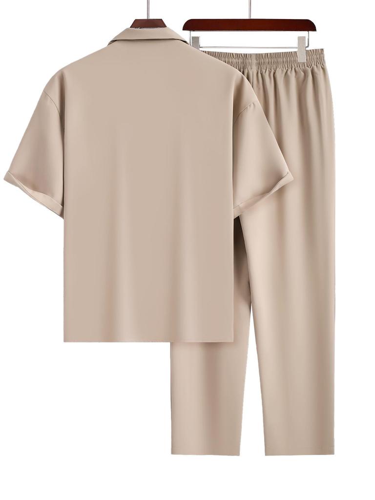 2025 Men's Casual Trendy Set: Turn-Down Collar, Short Sleeves & Long Pants