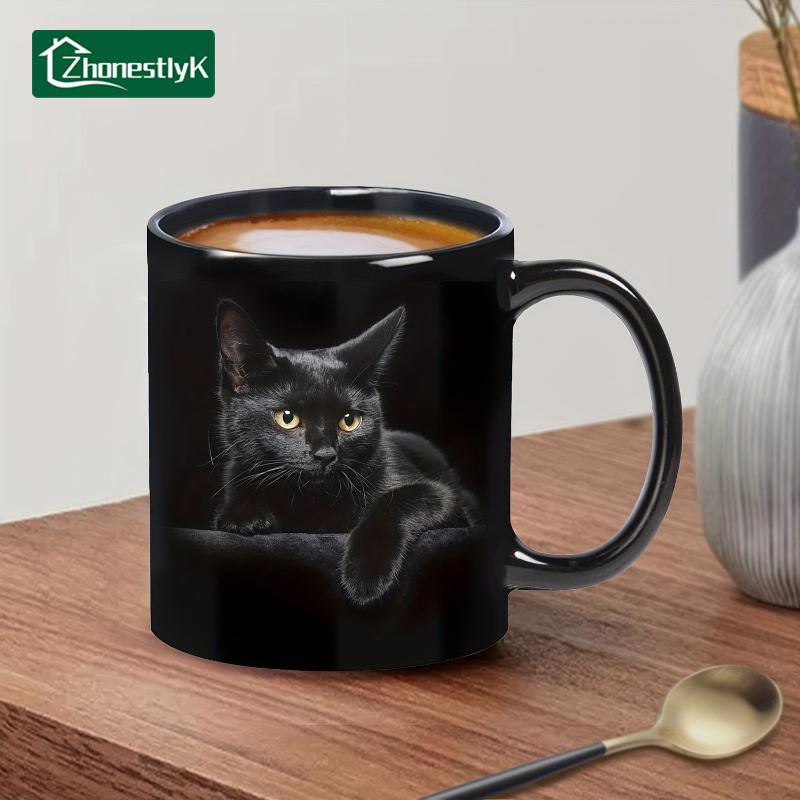 Mielas katės keramikinis puodelis kavai, pienui, arbatai, vandeniui. Pusryčių puodeliai. Buitiniai gėrimų indai