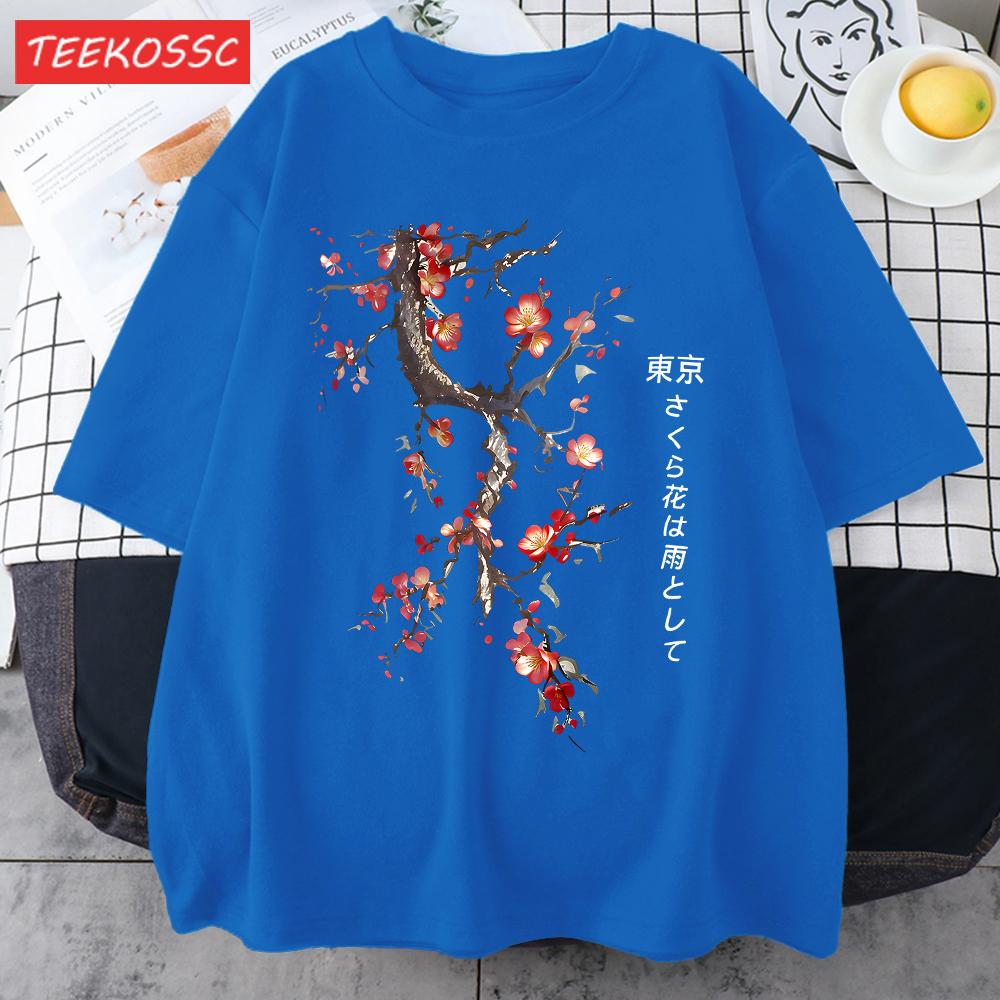 Cherry Blossoms And Rain In Tokyo Men Retro TShirt Casual Cotton Tee Loose Hip Hop Clothes Male ONeck Comfortable Short Sleeve