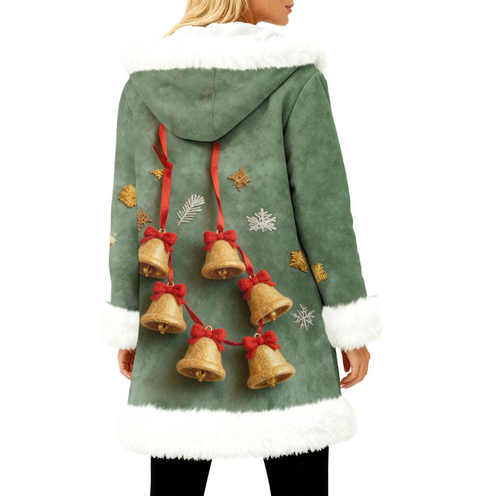 Unisex Casual And Fashionable Plush Collar Hooded Long Sleeved Christmas Printing Jacket