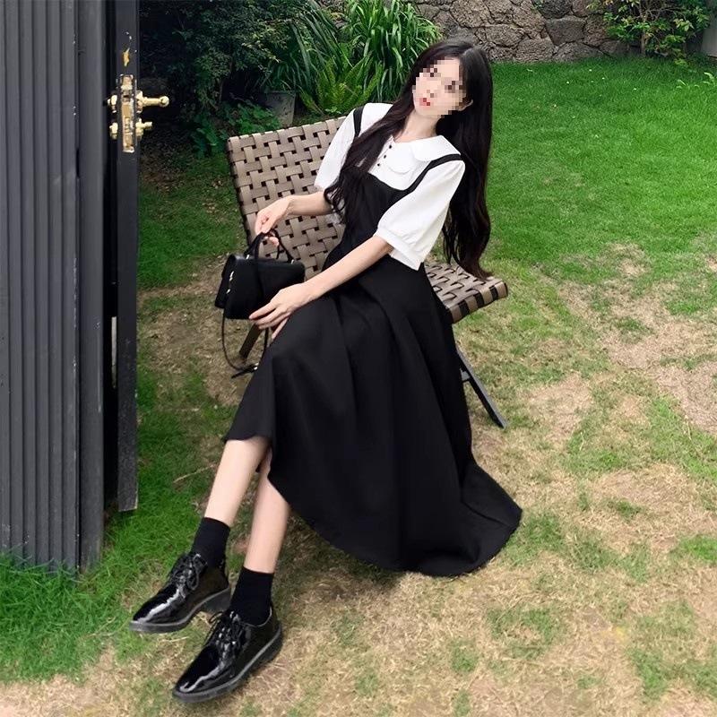 French Style Temperament Splicing Button Contrasting Dress Fake Two Pieces Age-reducing Design Waist A-shaped Long Dress Women's Summer