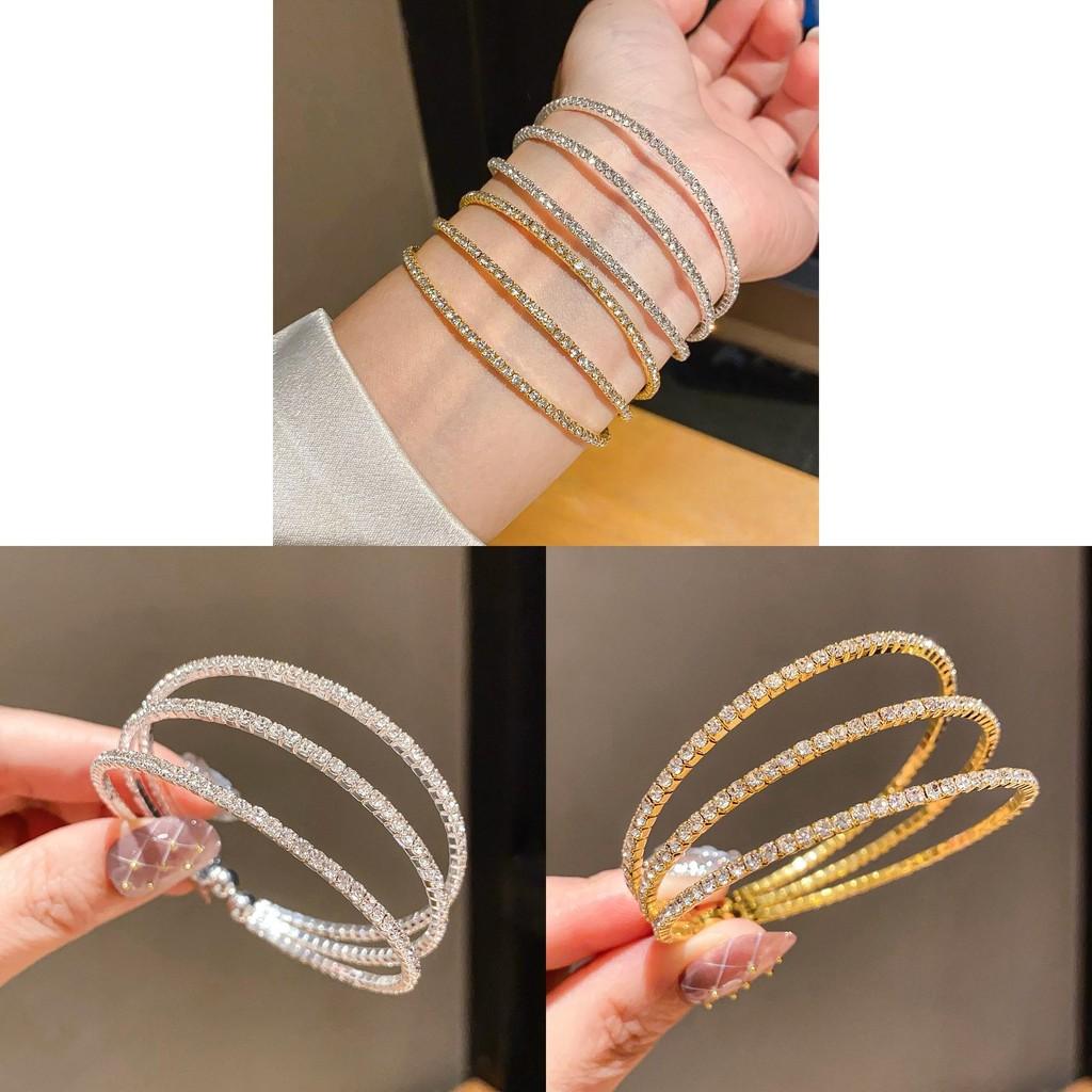 Minimalistisches dreilagiges Armreif-Armband mit Diamant-Inlay aus Kupfer für Damen