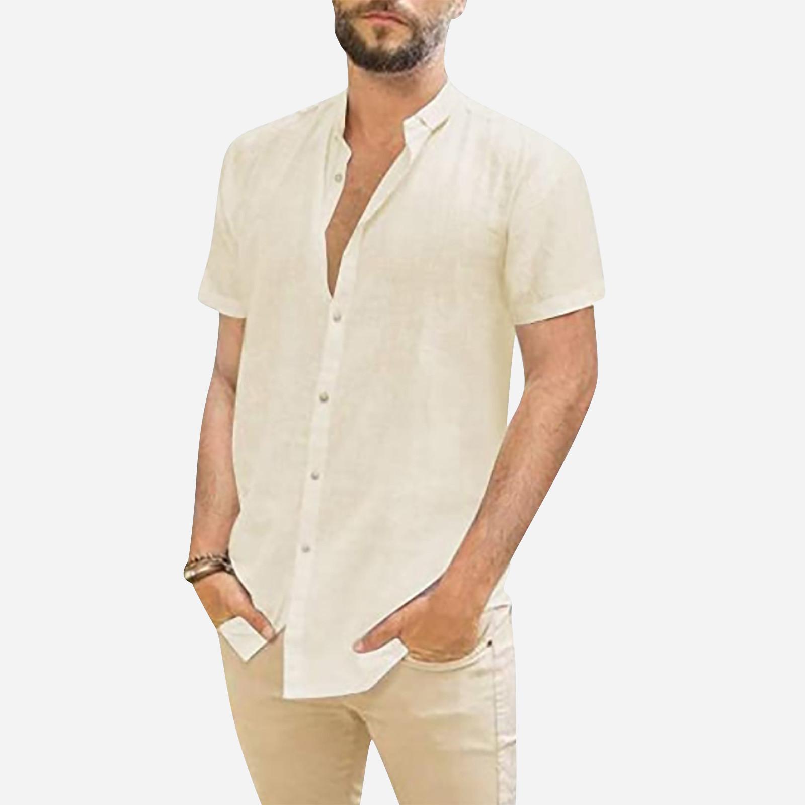 

Дизайнерские весенне-летние мужские повседневные рубашки из хлопка и льна, однотонные рубашки с длинными рукавами, свободные рубашки с воротником-стойкой XL бежевый