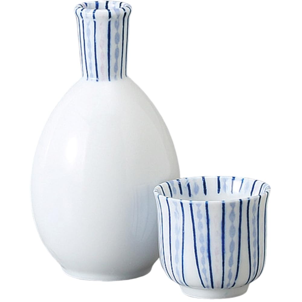 Sake Tokkuri and Ochoko x Tokusa Large Tokkuri and Sake Cup Set Mino Ware Ale-net Set, Set, 7.5cm H13.5cm, Approx. 280cc, Sanshoku-kuchi Tokkuri, (2