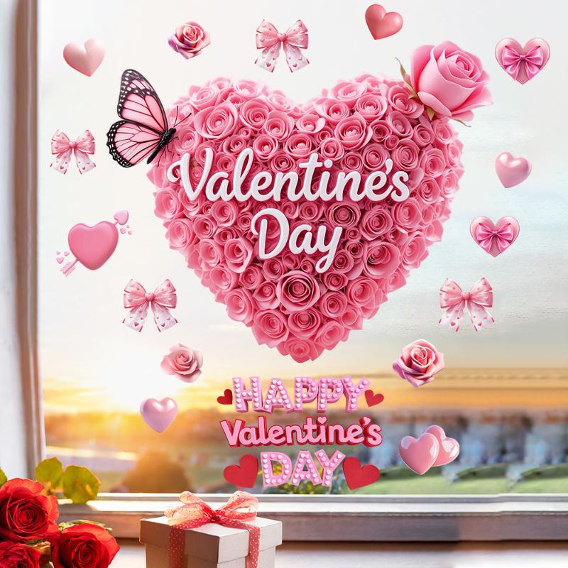 יום האהבה רומנטי אדום ורוד ורד צורת לב מדבקות לחלון קישוט אווירה חגיגית למסיבה לבית לחנות למסעדה