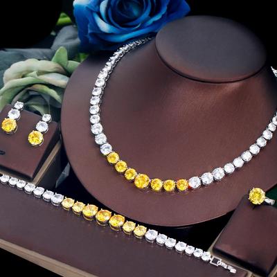 CMM 4PS Luxury Set Wedding Jewelry Necklace Ring Earrings Bracelet Sapphire Color/Ruby Color Zirconia