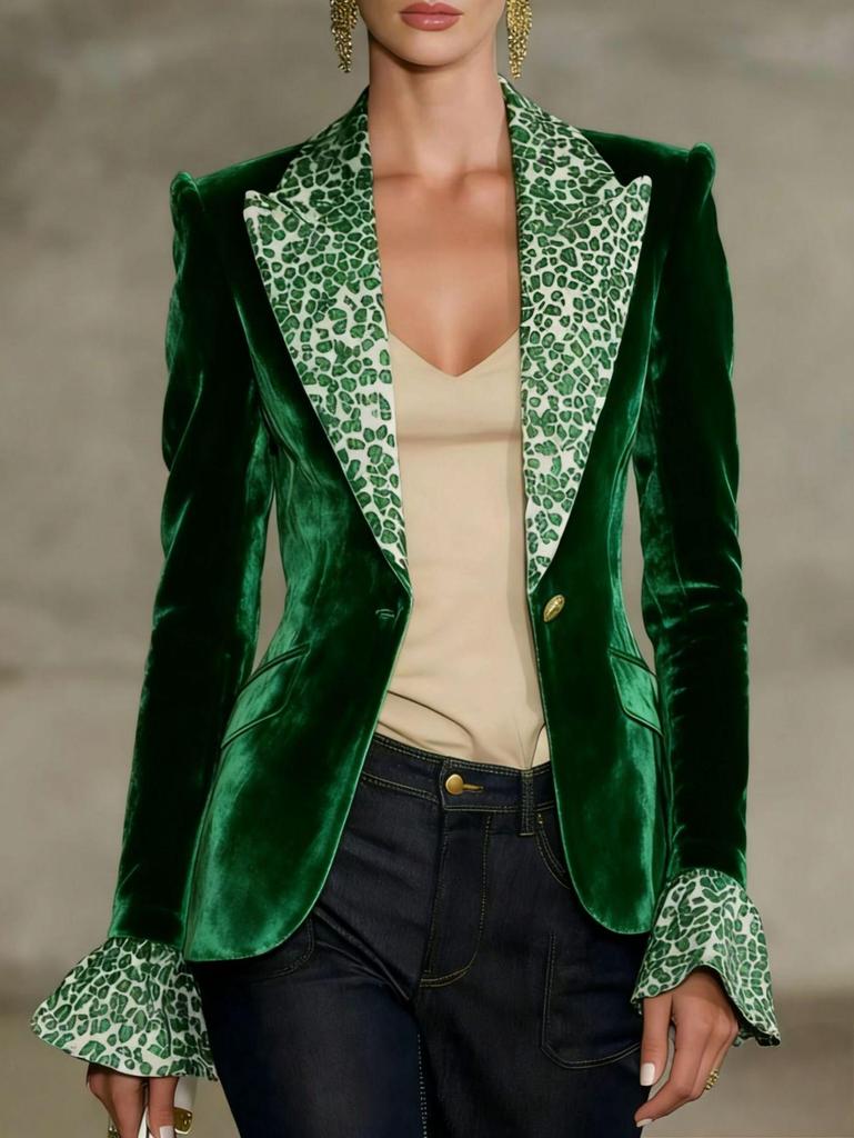 Multi-color Leopard Print Velvet Suit with Bell Sleeves and Faux Pockets - Women's Fashion