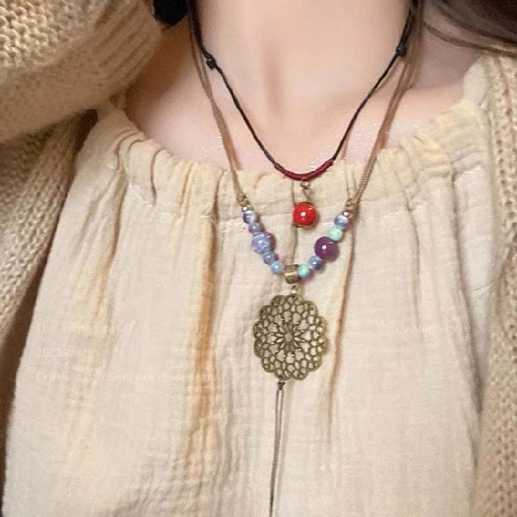 Fashion Ceramics Beads Pendant Necklace Ethnic Long Chain Jewelry Gift for Women