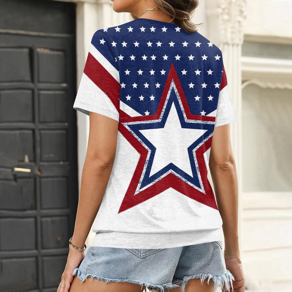 Damen Top mit kurzen Ärmeln und V-Ausschnitt mit Unabhängigkeitstag Flagge und Blumenprint Lässiger lockerer Schnitt Bequemes Shirt