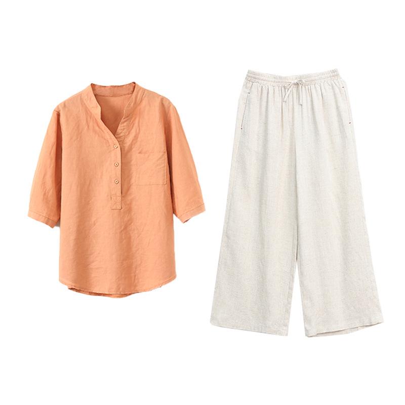 Trendy 2023 Cotton-Linen Two-Piece Set: Short-Sleeved Shirt & Summer Suit for Middle-Aged Moms