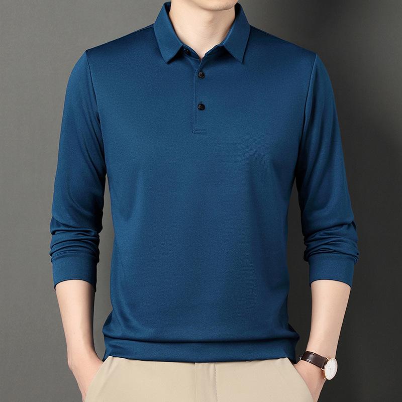 Tricou cu mâneci lungi, primăvară și toamnă, New Daddy, top largi, bărbați de vârstă mijlocie, cu rever, ocazional, de culoare uni.