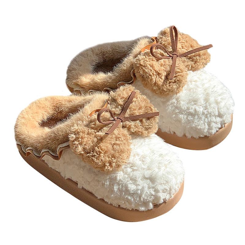 New bow cotton slippers winter velvet warm fluffy slippers indoor thick bottom heightening non-slip can be worn outside