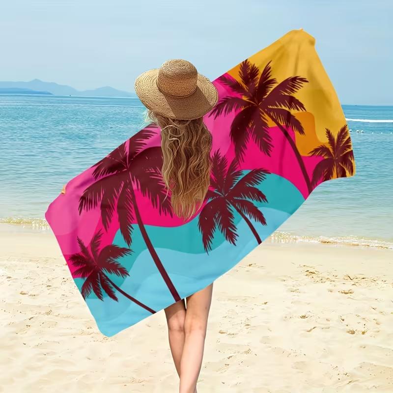 Textilien Vibrant Tropical Palm Tree Beach Towel Retro Sunset Ocean Print Quick Dry Beach Blanket Soft Lightweight For Summer Vacation