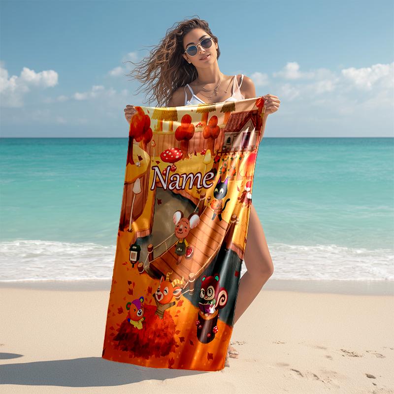 Personalized customized proof beach towel with Animal Crossing pattern - soft, absorbent, quick-drying, perfect swimming, camping&bathing