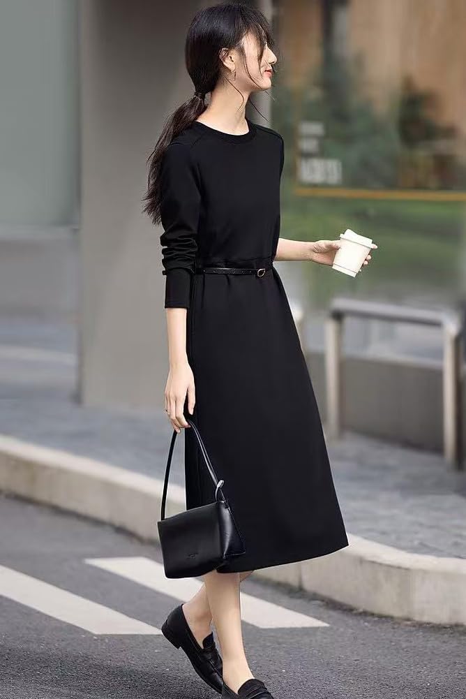 Chubikime Long Sleeve Sweatshirt Crew Midi Solid Simple and Pullover Style with Hem Stylish and Perfect for and Casual Work Women's Dress, Neck,