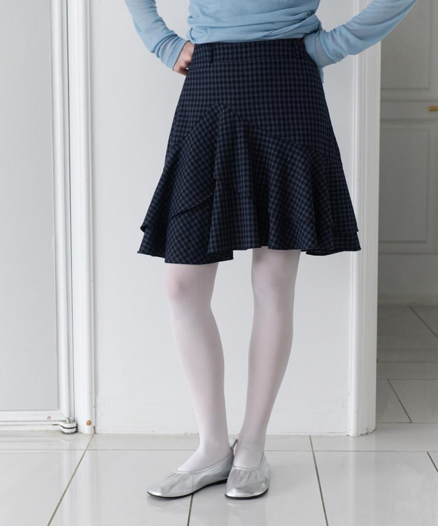 Toabe Tiered Ruffle Check Skirt (Blue Navy)