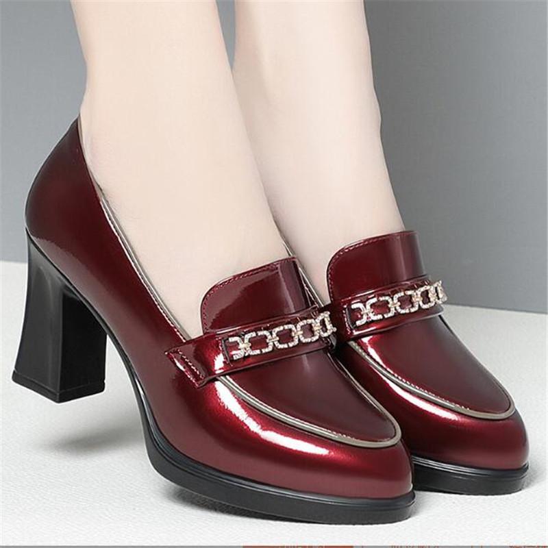 High Quality Pumps for Women Solid Color Thick Heel Soft Leather Shoes Patent Leather British Woman Round Toe High Heels Shoes