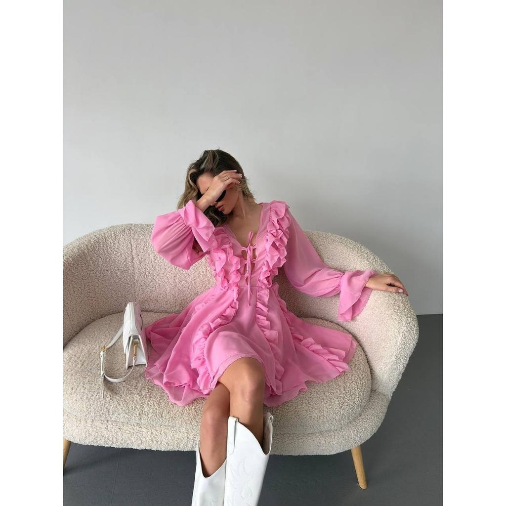 2025 Elegant Chiffon V-neck Ruffle Edge Design Dress Lace-up Long-sleeved A-shaped Skirt