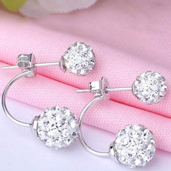Lady U-shape Spherical Micro Rhinestone Silver Tone Ear Studs Earrings Jewelry