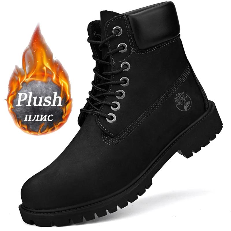 Boots Men High Top Boots Men's Leather Shoes Winter Fashion Plush Warm Shoes Outdoor Sneakers Lace Up Non-Slip Ankle Boots Male