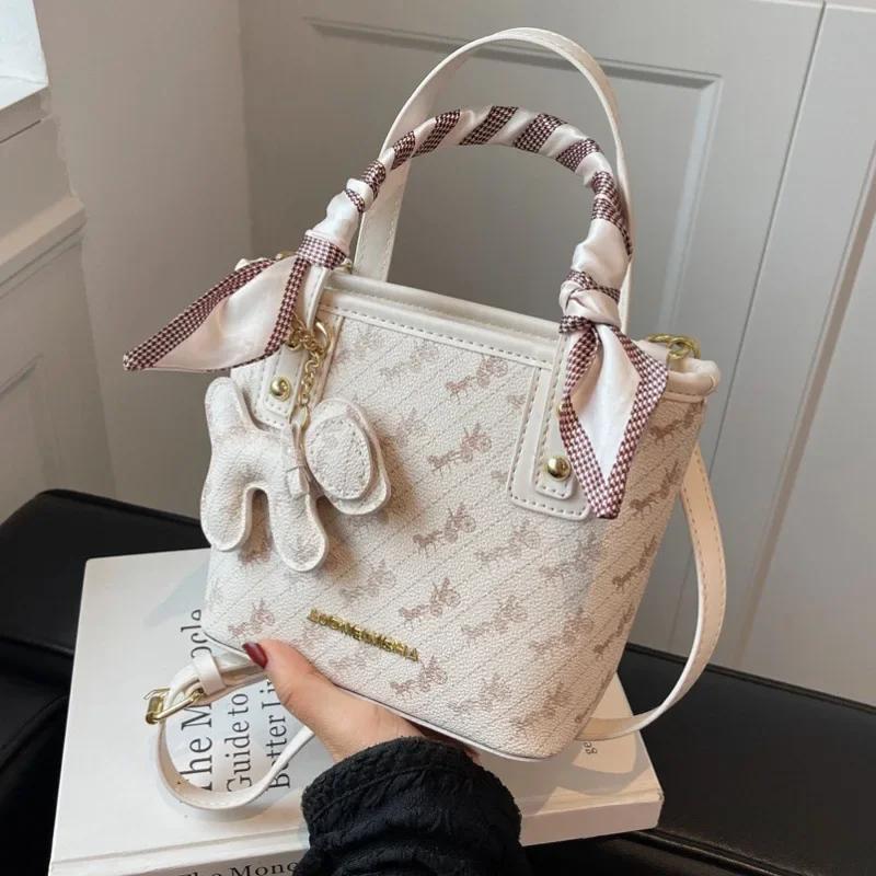 New girl's standard vegetable basket handle bag fashion girls shoulder bucket bag beautiful hanging exquisite silk scarf decoration