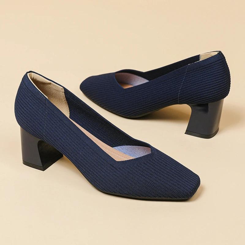 Buty Damskie Wysokie Obcasy Wygodne Kwadratowe Dzianinowe Oddychające Wygodne Damskie Baleriny (5 cm Wysoki) Kolekcja 2025