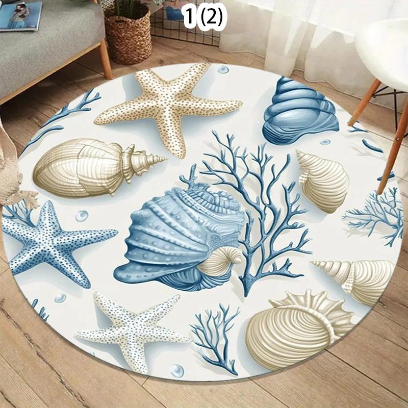 

Nautical Seashell Coral Design Round Area Rug for Living Room Bedroom Modern Home Decor Soft Plush Floor Mat Non Slip Backing 80X80CM