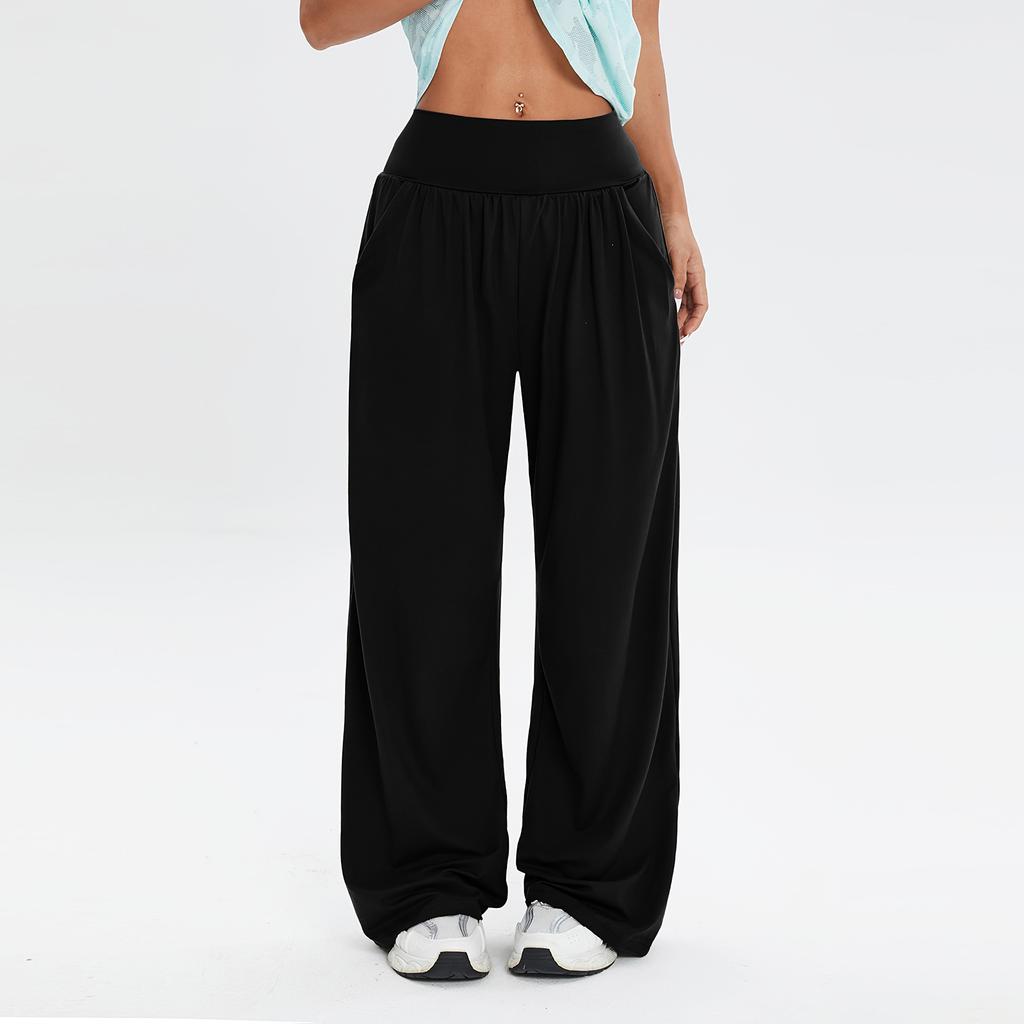 Women's Fashionable Solid Color Straight Leg Pants With High Waist Button Pockets And Elastic Waist Casual Pants