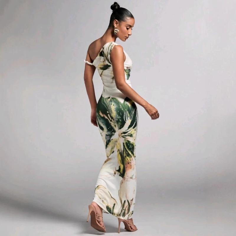 Women's Summer New Casual Flower Print Sleeveless Pleated One-shoulder Slim-fitting Long Dress