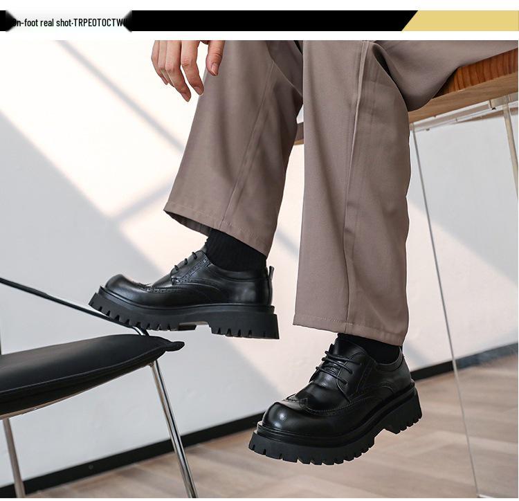 Men's British Style Round Toe Brogue Lace-up Height-Boost Business Casual Shoes