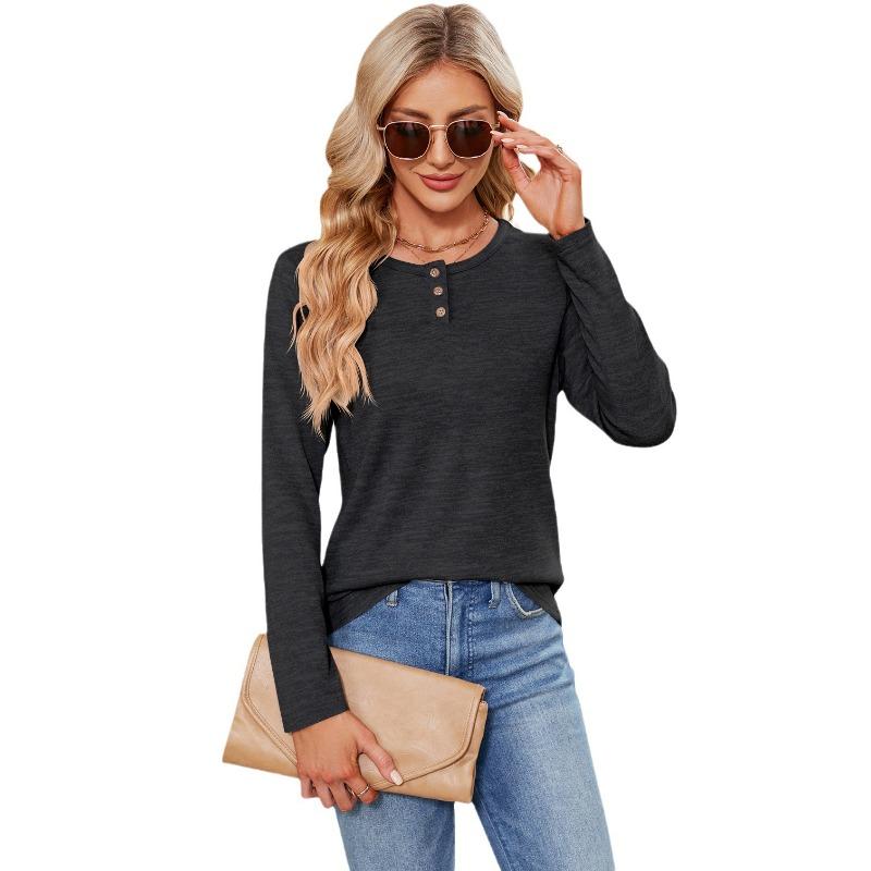 Women's Autumn/Winter Pullover Top Solid Color Button O Neck Comfortable Long Sleeve Buckle T-Shirts