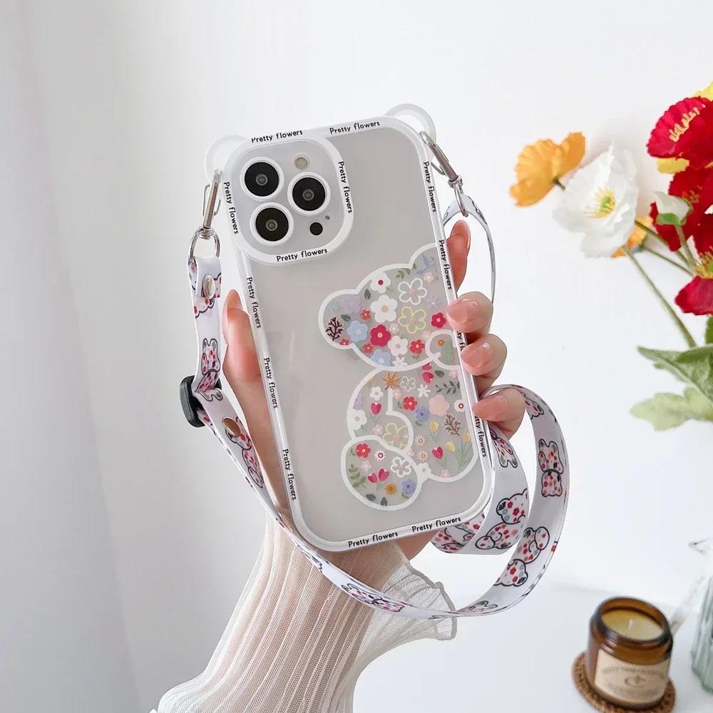 

Cute Cartoon Flowers Bear Crossbody Case For iPhone 15 14 13 16 Pro Max 11 12 X Xs 7 8 Plus Cat Necklace Transparent Soft Cover for iPhone 11