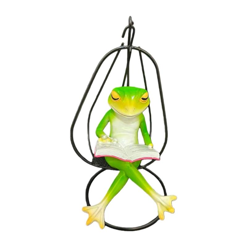

Whimsical Cartoon Frogs Sculpture With Book Swing Design Weather Resistant Resin Art Fit For Kids Room Garden Decoration 1
