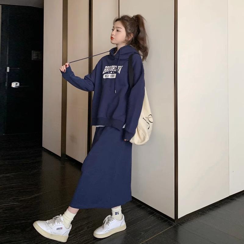 

Korean Style Autumn Plus Size Slimming Hooded Sweatshirt and Skirt Two-Piece Set for Women M