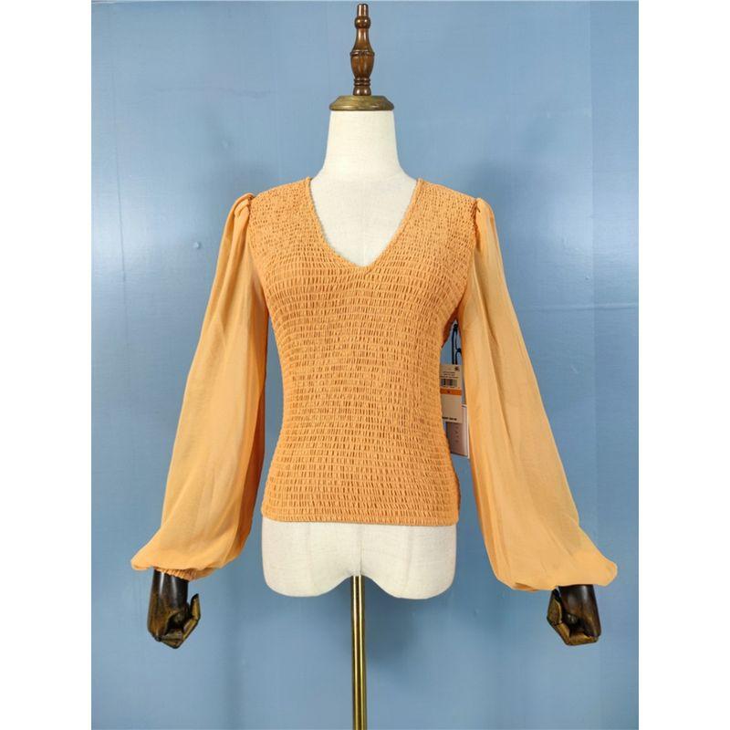 

Export Single Young Adult Style Stretch Smocking Style Figure-Flattering Silm Mesh Long Sleeves V Neck Tops Female Summer Shirt CHECOLATE XL